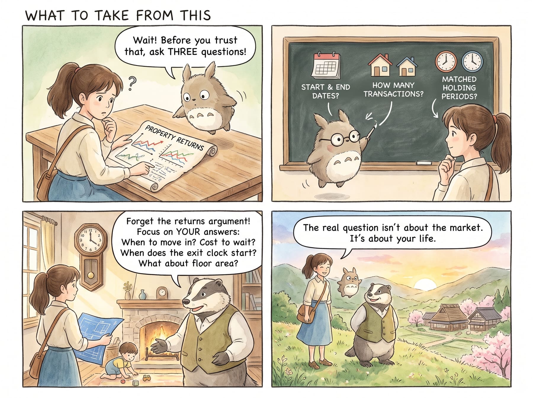 Comic recap: before trusting a property-returns comparison, ask three questions — start and end dates, how many transactions, matched holding periods — then focus on your own answers instead: when to move in, cost to wait, when your exit clock starts, and what the entry gap costs in floor area.
