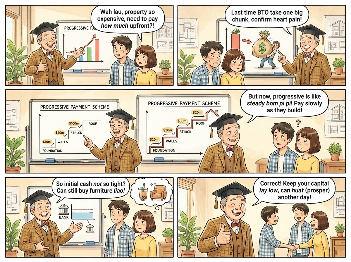 Comic: a professor explaining the progressive payment scheme as a staircase of instalments tied to construction milestones, from foundation to roof to keys.