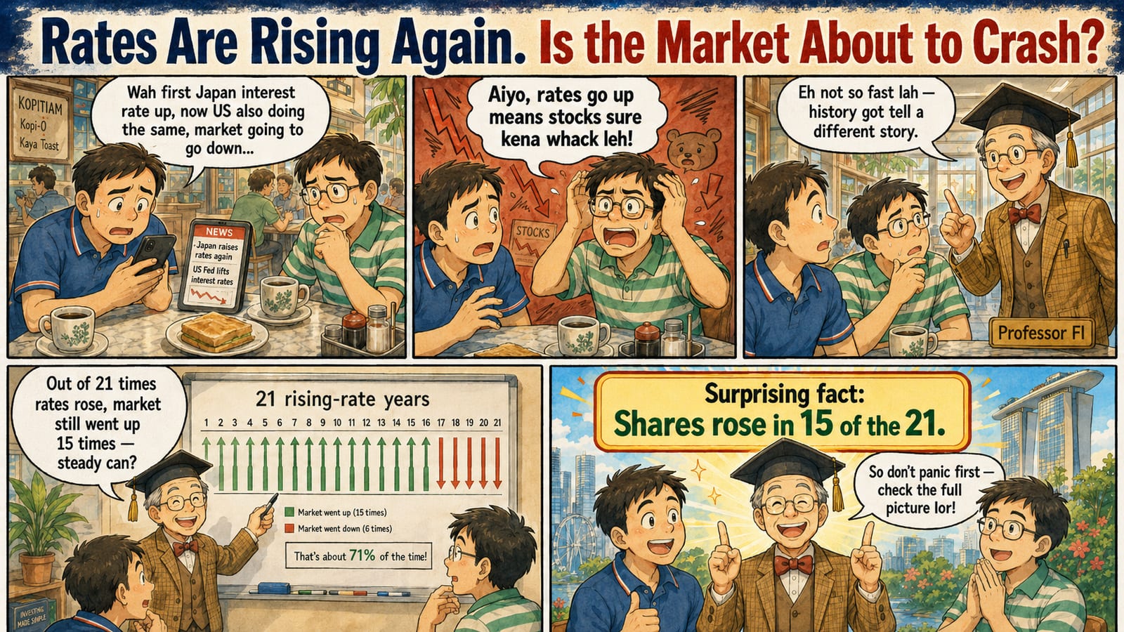 Comic: a kopitiam debate over whether rising interest rates mean the stock market must crash, resolved by Professor FI pointing to 21 rising-rate years where shares still rose 15 times.