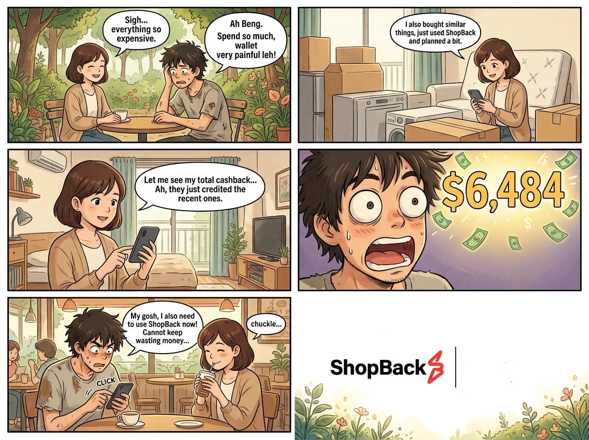 Comic: a couple realising their ShopBack account has quietly accumulated S$6,484 in cashback from spending they were doing anyway.