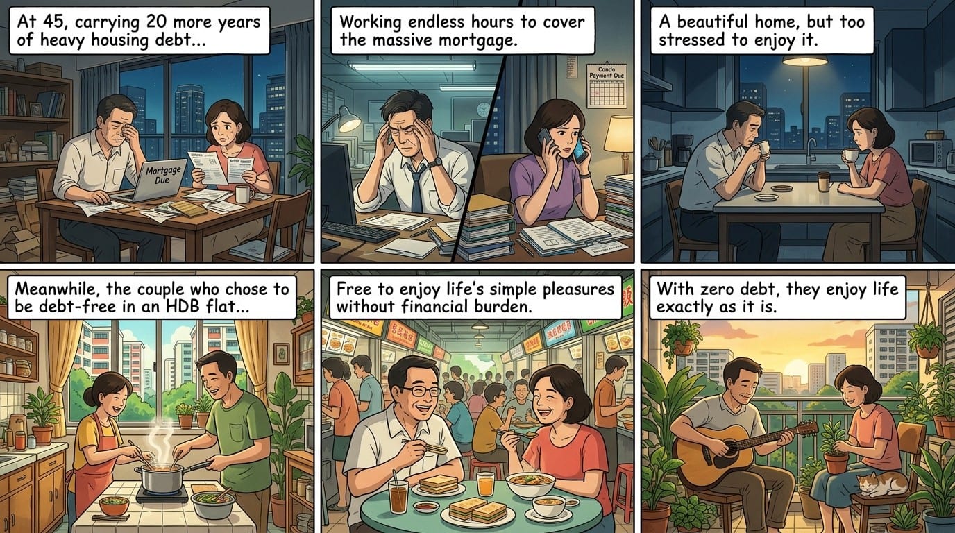 Comic contrasting a couple stressed by 20 more years of mortgage debt with a couple who chose a debt-free HDB flat and now have time and money to enjoy their life.