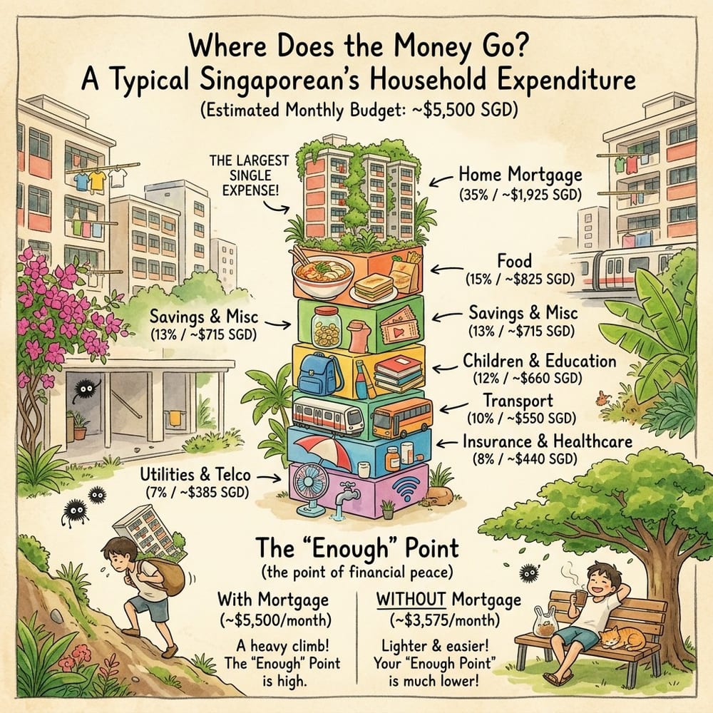 Illustrated breakdown of a typical Singaporean household's estimated S$5,500 monthly budget, showing mortgage as the largest single expense at 35%, followed by food, savings, children's education, transport, insurance and utilities.