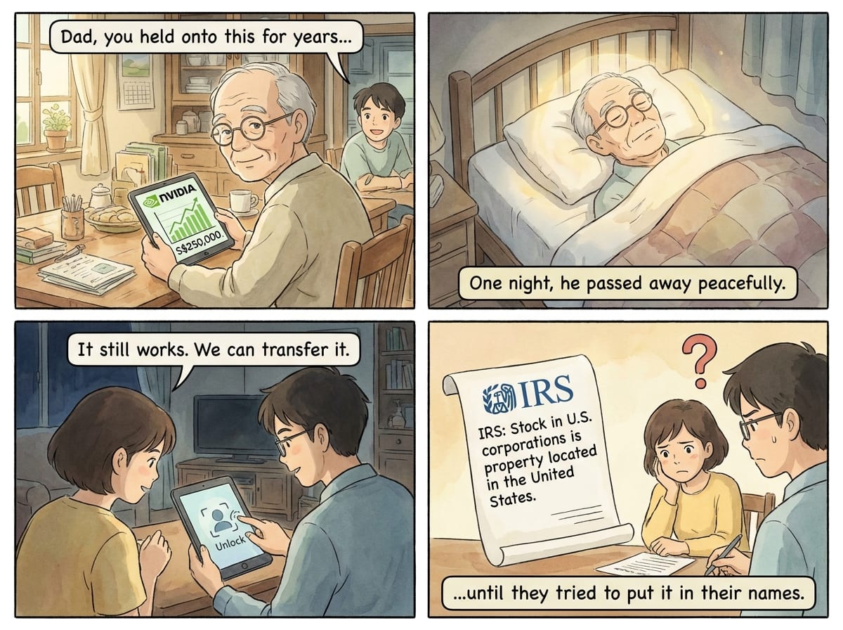 Comic: a father shows his son the NVIDIA shares he has held for years; he passes away peacefully; the family unlocks his tablet and can transfer it, but the IRS scroll reads that stock in U.S. corporations is property located in the United States.
