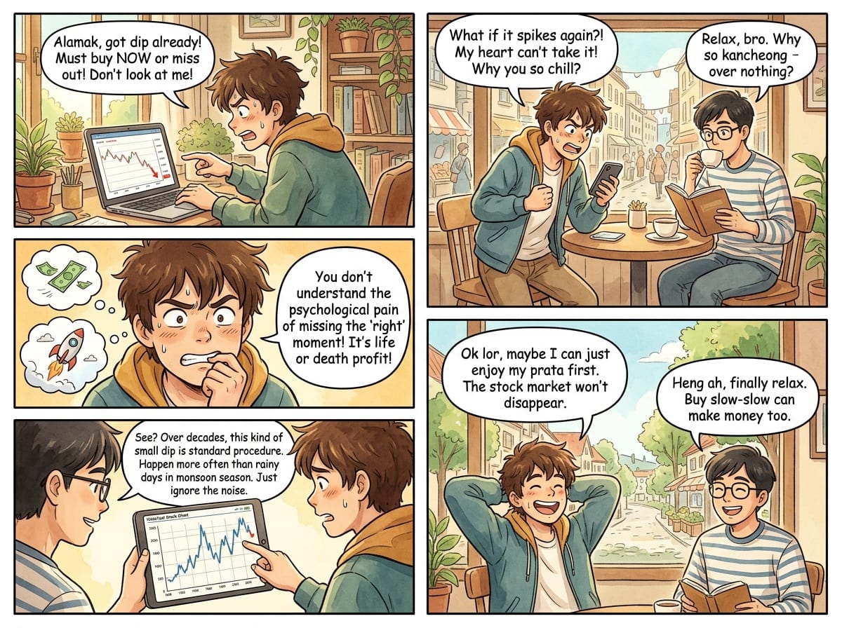Comic: someone panicking over a market dip and the fear of missing the moment, calmed down by a friend who points out this kind of small dip is standard procedure — buy slow and steady instead.
