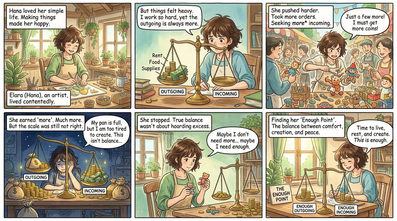 Comic showing the shift from chasing ever more income to finding a balance between income and expenses.