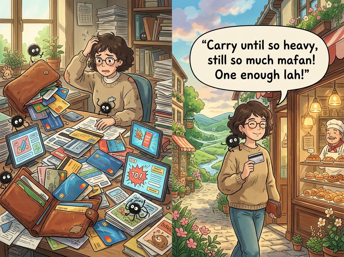 Comic: a desk buried under a chaotic stack of credit cards and offer alerts, versus the same person calm and content carrying just one card into a bakery — one enough lah.