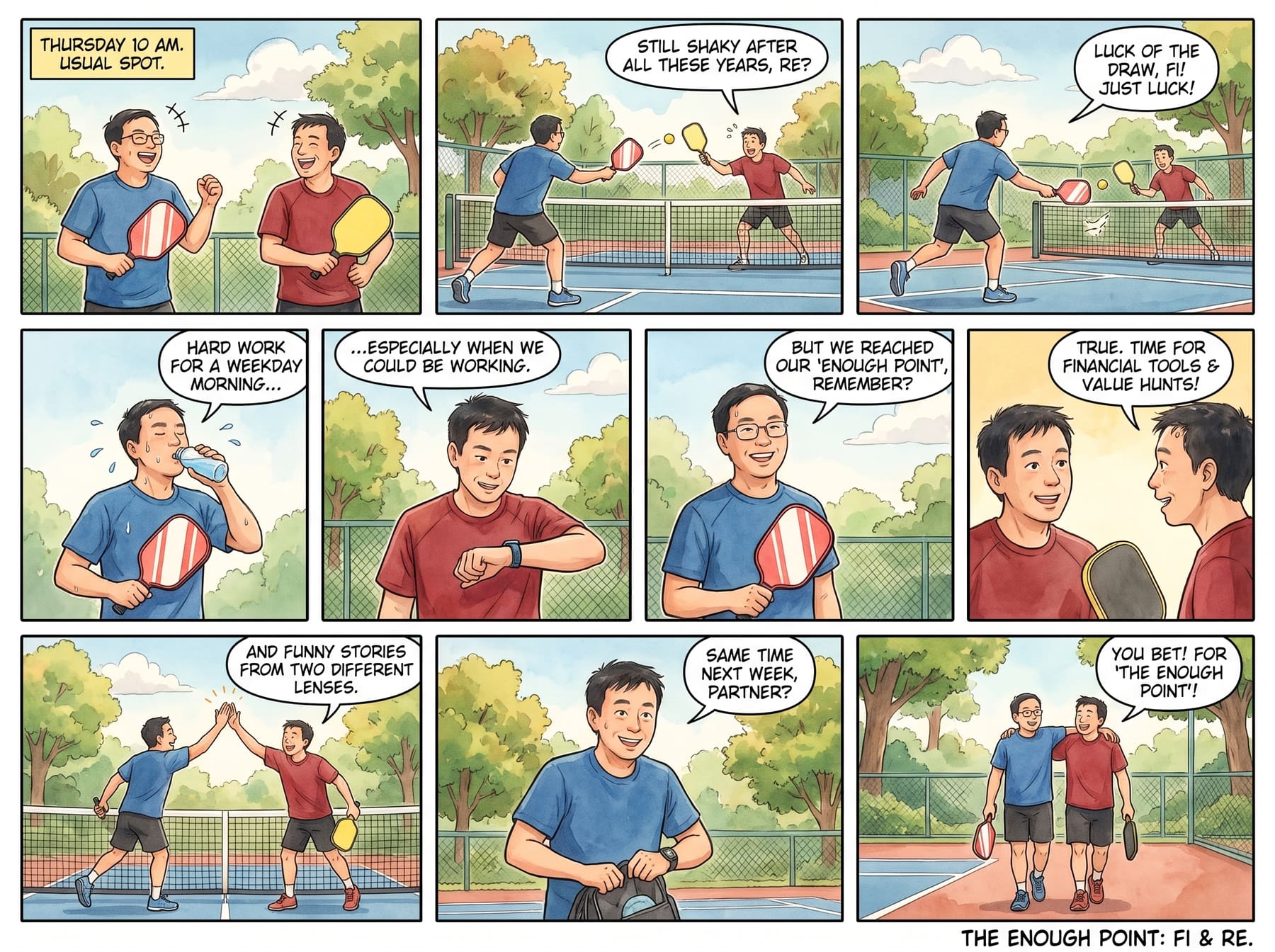 Comic strip of FI and RE finishing their Thursday 10am pickleball game and talking about reaching their enough point